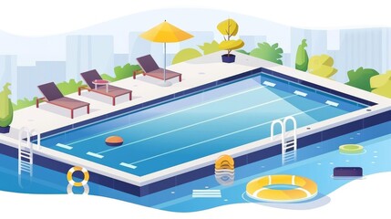 Illustrate a side view swimming pool in a flat design with ample copy space in the background