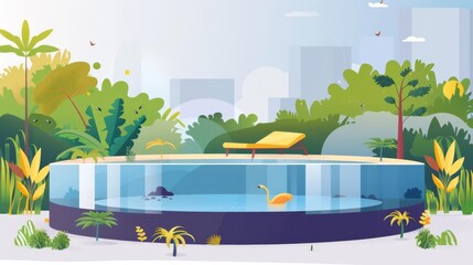 Craft a visually striking flat illustration of a panoramic tropical pool scene, with a focus on the azure waters and exotic flora, set against a clear background for adding text