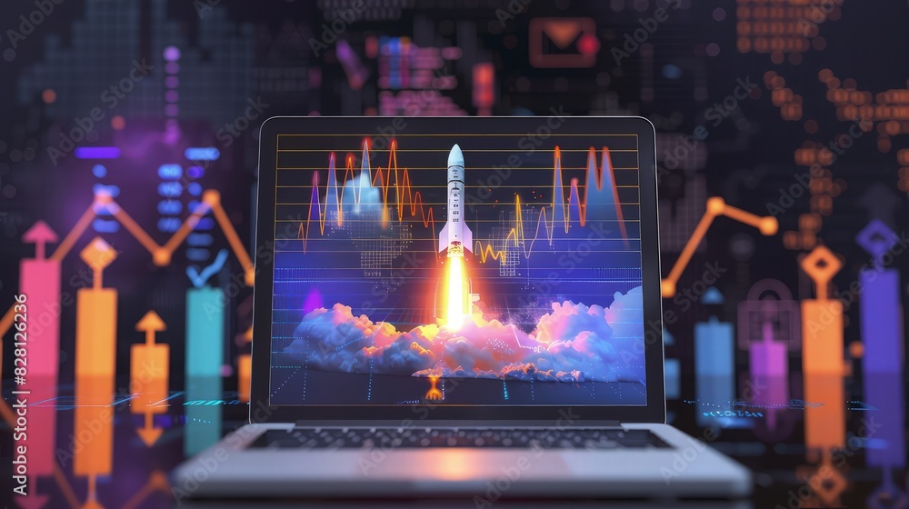 Aufkleber a digital nomad workspace where a laptop displays a 3d image of a rocket blasting off, surrounded by