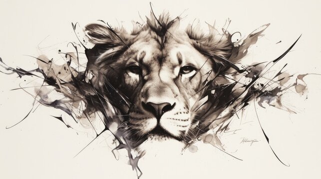 A striking depiction of a lion s face against a white backdrop