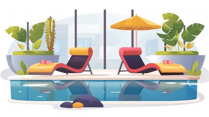 Fototapeta premium Design a tranquil Poolside Relaxation setting from behind with a Flat illustration approach, featuring a room for additional text