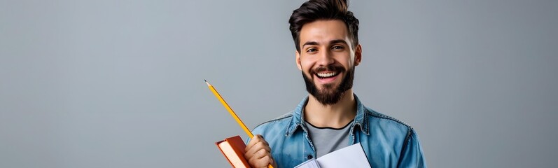 person holding pen and book with black chalkboard backdrop