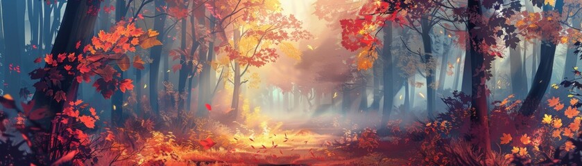 Colorful Autumn Forest with Golden Sunlight