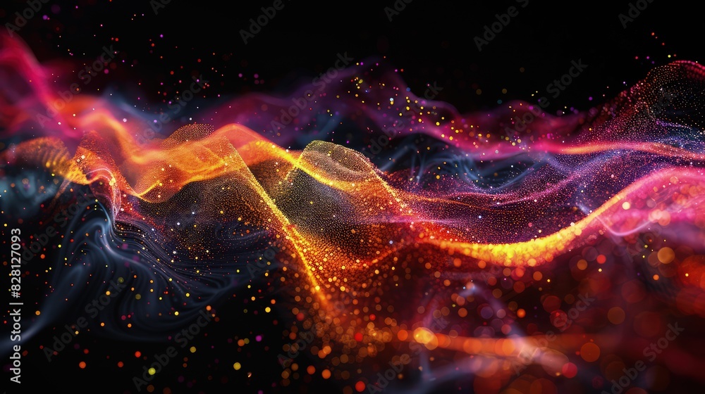 Poster a dynamic 3d render of a digital particle wave, illustrating the flow of big data and the neural net