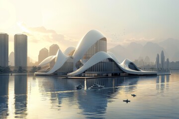 Obraz premium Journey through a cityscape dominated by sleek, minimalist structures that pay homage to the traditions and craftsmanship of diverse cultures, creating a harmonious synthesis of form and function. 