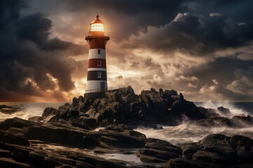 a red and white lighthouse sitting on top of a rocky shore - Powered by Adobe