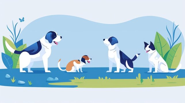 Craft a delightful image of pets exuding happiness in a panoramic view, set against a serene plain pastel solid background, providing ample copy space for a message to shine throug