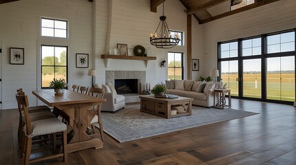 of a large open plan living space with a high ceiling 