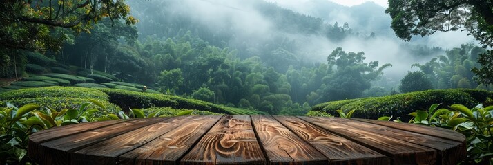 A circle wooden table top showcases products against a serene tea plantation backdrop, merging nature's beauty with product presentation.