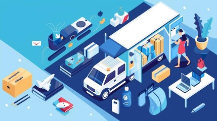 Fototapeta premium Craft a digital illustration of a modern delivery truck packed with diverse items viewed from an eye-level angle, set against a soft plain pastel solid background, with plenty of s
