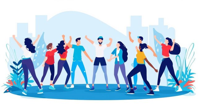 Capture the lively essence of a Zumba class through a wide-angle lens, showcasing the movement and enthusiasm against a simple, solid pastel background perfect for adding text