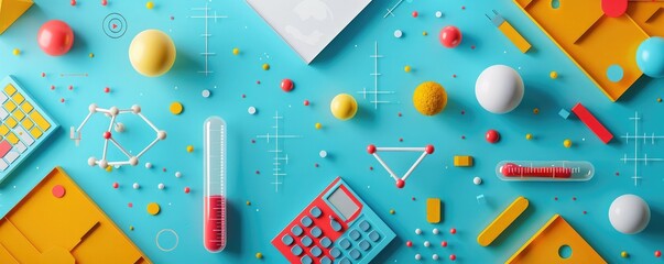A blue background with colorful objects, including a calculator, balls, and a test tube.