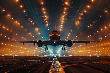 A large jetliner soars over a brightly lit runway at night, showcasing the dynamic movement of the aircraft against the dark sky