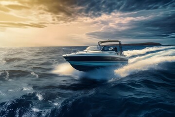 Fototapeta premium Aerial view of luxury motorboat floating on the sea