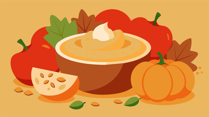 A pumpkinshaped bowl filled with a creamy pumpkin e dip surrounded by apple slices and cinnamon crackers.. Vector illustration