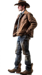 Young handsome western male cowboy model standing wearing leather cowboy hat, leather jacket, leather belt and boots isolated on white background viewed from side