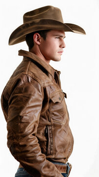 Young handsome western male cowboy model standing wearing leather cowboy hat, leather jacket, leather belt and boots isolated on white background viewed from side