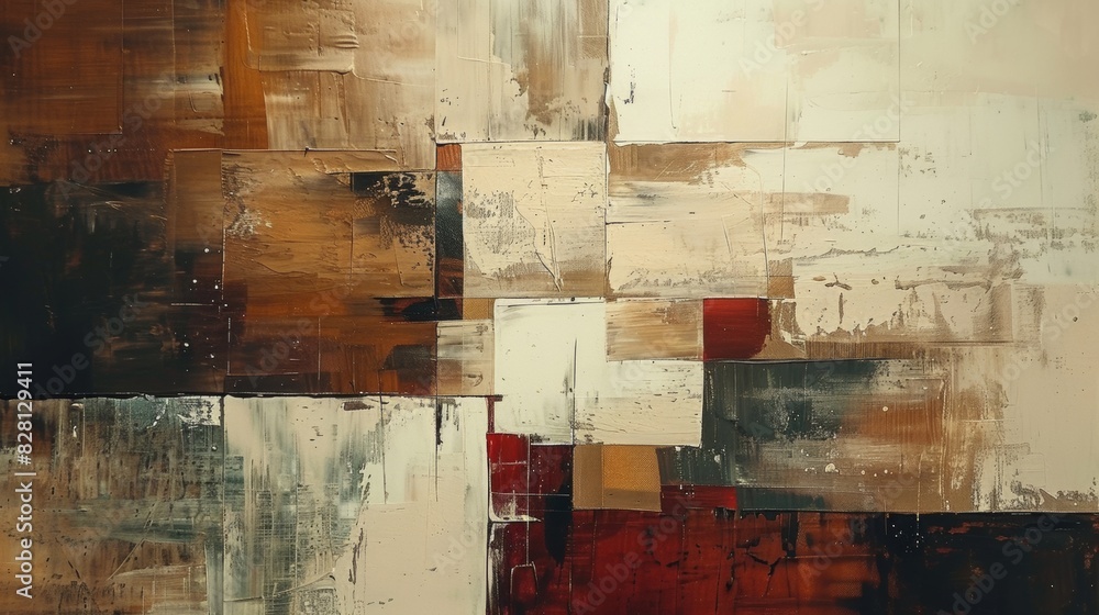 Poster abstract painting using blocks of brown color to create depth and movement.