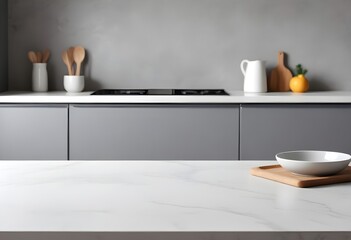 empty clean table in front of kitchen, modern interior design. wood, marble, grey, black, white 