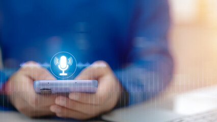 Voice recording. Man touching microphone icon on smartphone. Mobile application Record sound,...