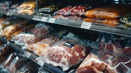 Assorted meats in vacuum packaging, perfectly organized on store shelves.