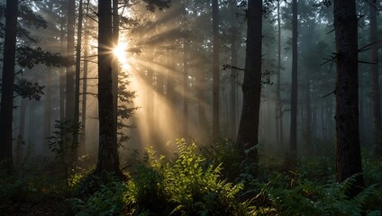 Naklejka premium shows tall tress in a forest with bright rays of sunlight shining through the trees