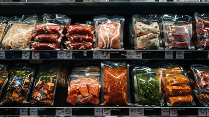 Assorted meats in vacuum packaging, perfectly organized on store shelves.