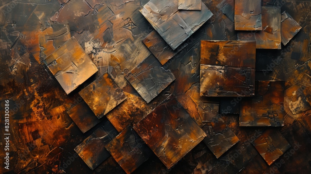 Poster abstract painting using blocks of brown color to create depth and movement.