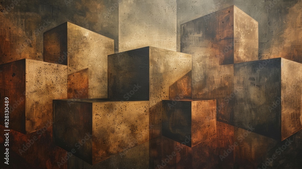 Poster abstract painting using blocks of brown color to create depth and movement.