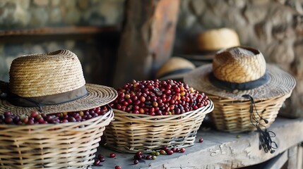 Baskets overflowing with freshly picked coffee beans next to worn straw hats.