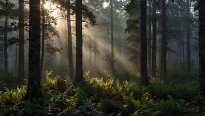  shows tall tress in a forest with bright rays of sunlight shining through the trees