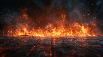 a wooden table engulfed in flames at the edge, with sparks and smoke rising. The dark background adds depth to the fiery scene.