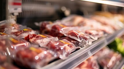 Close-up of vacuum-sealed meat packages neatly lined up in a store's cold section.