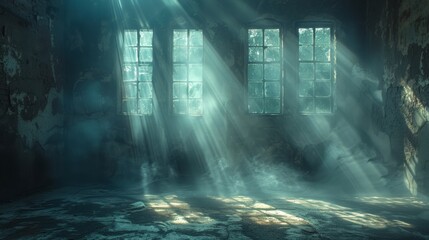 Empty dark room, light breaking through fog, casting ethereal glow and dramatic shadows, evoking a sense of mystery and intrigue.