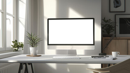 A computer monitor sits on a desk in a room with a window