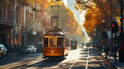 Obraz premium A yellow trolley is driving down a street with people walking on the sidewalk