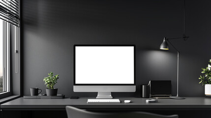 A computer desk with a black computer monitor, a keyboard, a mouse, a lamp