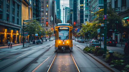 A yellow train is traveling down a city street