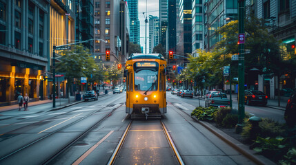 Obraz premium A yellow train is traveling down a city street