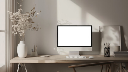 A computer desk with a white monitor, a vase of flowers, and a cup of coffee