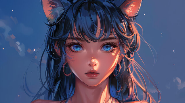Playful and charming anime art of a woman with cat ears and tail, vibrant colors, high quality detail.
