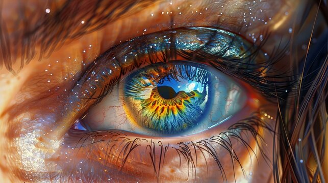 Intricate and vibrant illustration of a womans eye, showcasing detailed iris patterns in high resolution and realistic artwork.