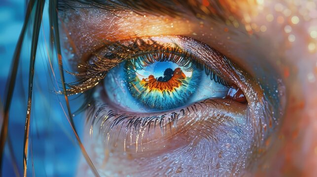Intricate and vibrant illustration of a womans eye, showcasing detailed iris patterns in high resolution and realistic artwork.