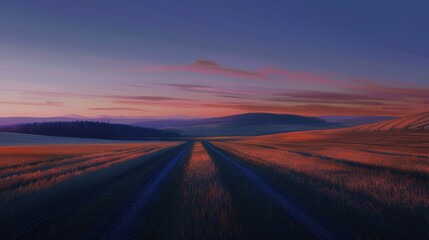 Sunset Over Rolling Farmland with Tracks
