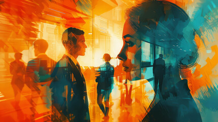 Fototapeta premium Engaging illustration of a business conference with dynamic woman and businessman, emphasizing networking and connections.