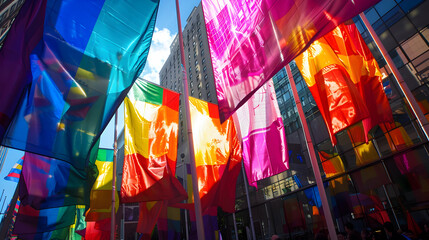 Artistic shot of a pride parade, with light creating reflections and shadows on the colorful flags and banners.