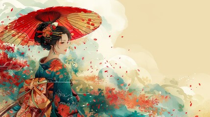 Detailed and vibrant highresolution artwork of an elegant anime woman in a kimono with intricate patterns.