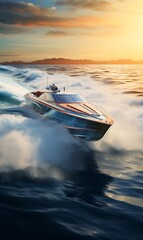 Luxury motorboat on the sea. Speedboat at sunset