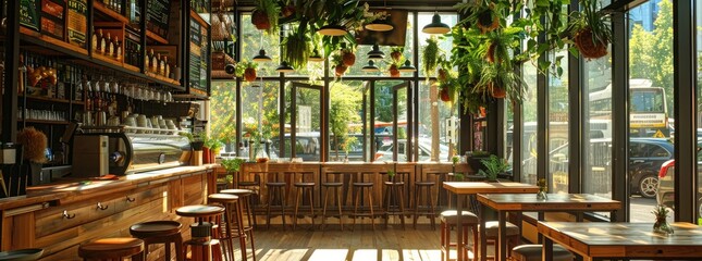 cozy and inviting restaurant interior with wooden tables, chairs, and leather sofas arranged in an open space