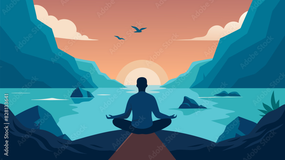 Poster in the shadow of a large cliff a person sits in a comfortable lotus position the sound of gentle oce